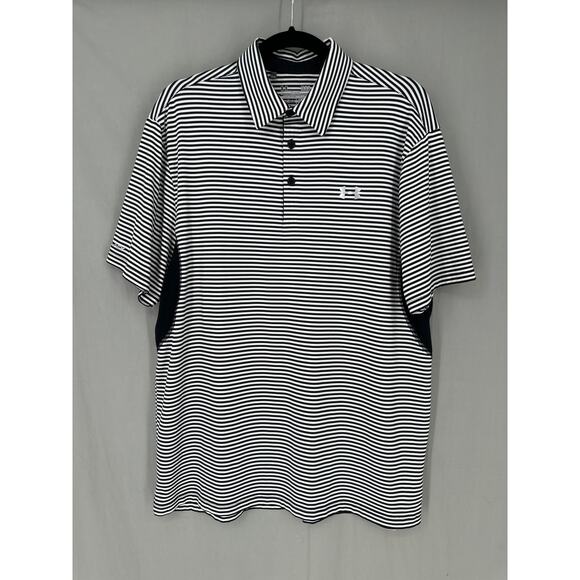 Under Armour Polo Shirt Mens Large Black White Striped Heat Gear Performance - Picture 1 of 6